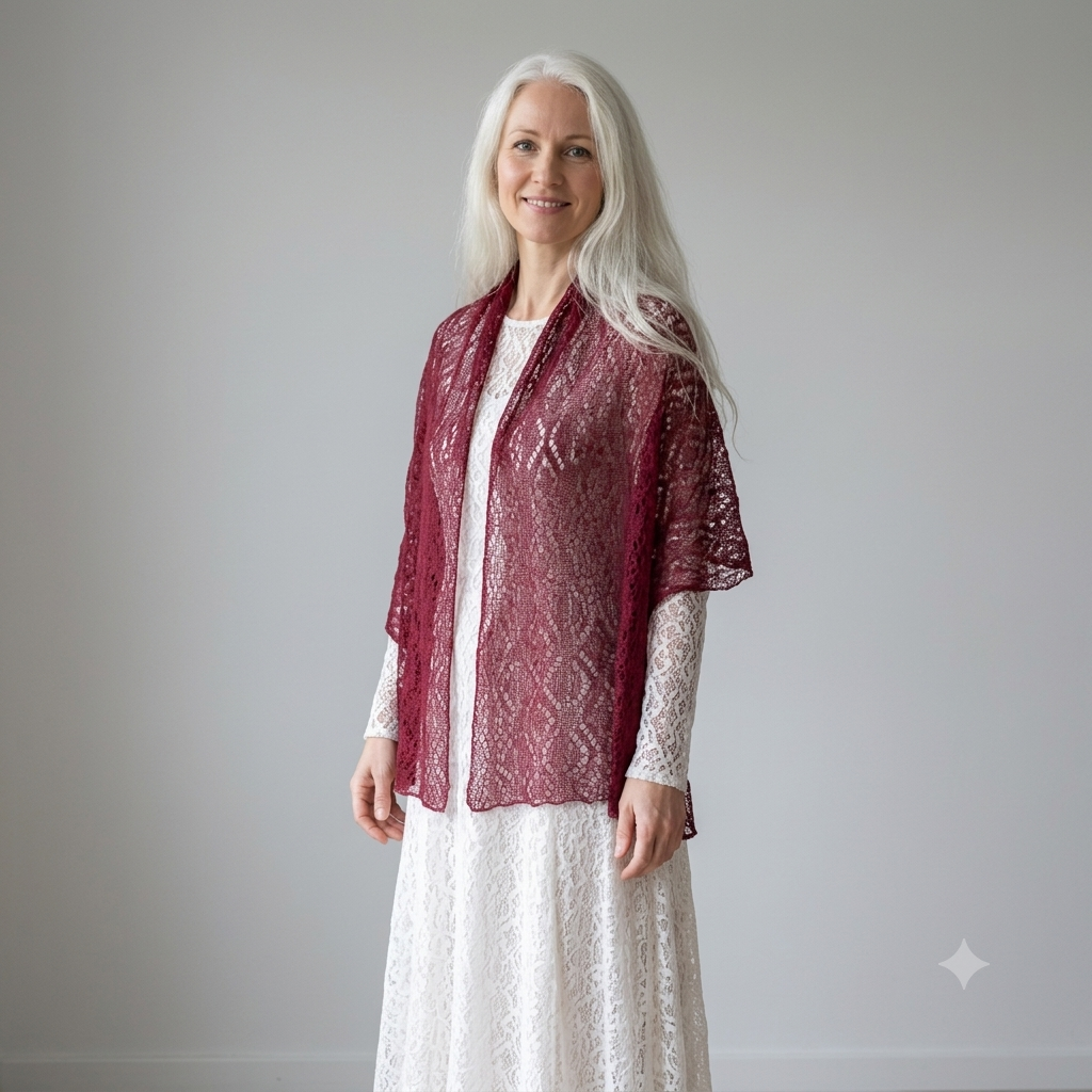 Woman wearing a red lace shawl over a white dress against a plain background