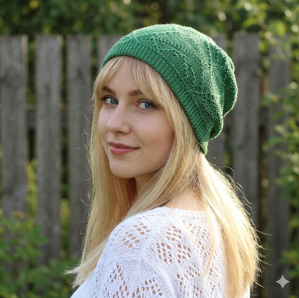 Woman wearing a green knitted beanie outdoors with a wooden fence and greenery in the background
