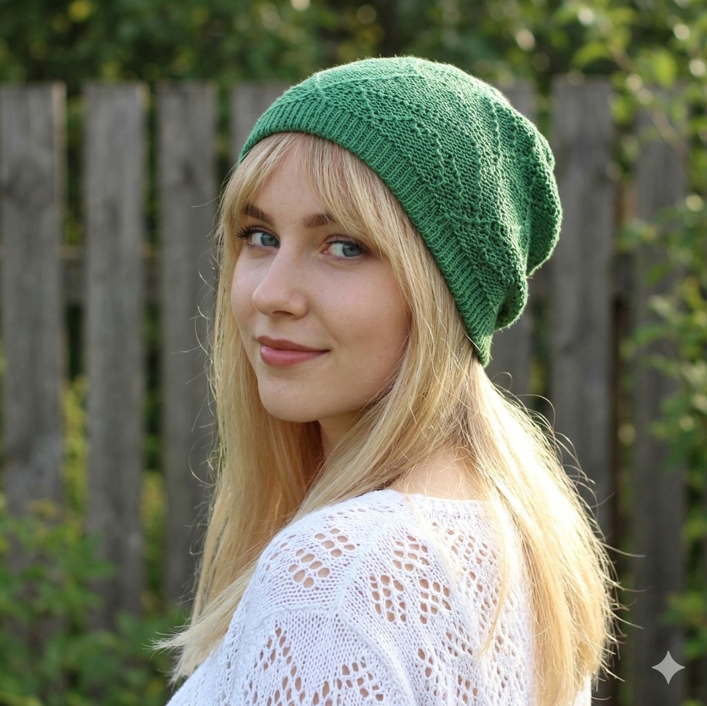 Woman wearing a green knitted beanie outdoors with a wooden fence and greenery in the background