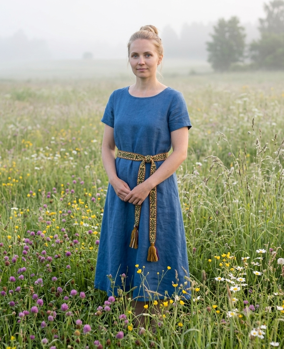 A woman stands in a misty field of wildflowers wearing a blue linen dress with a patterned belt and tassel.