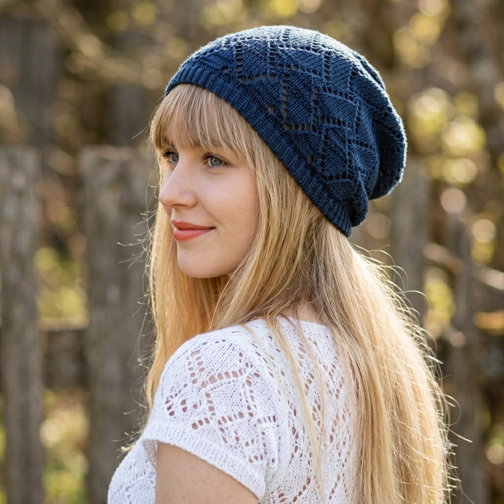 Woman wearing a blue knitted beanie outdoors with blurred trees in the background