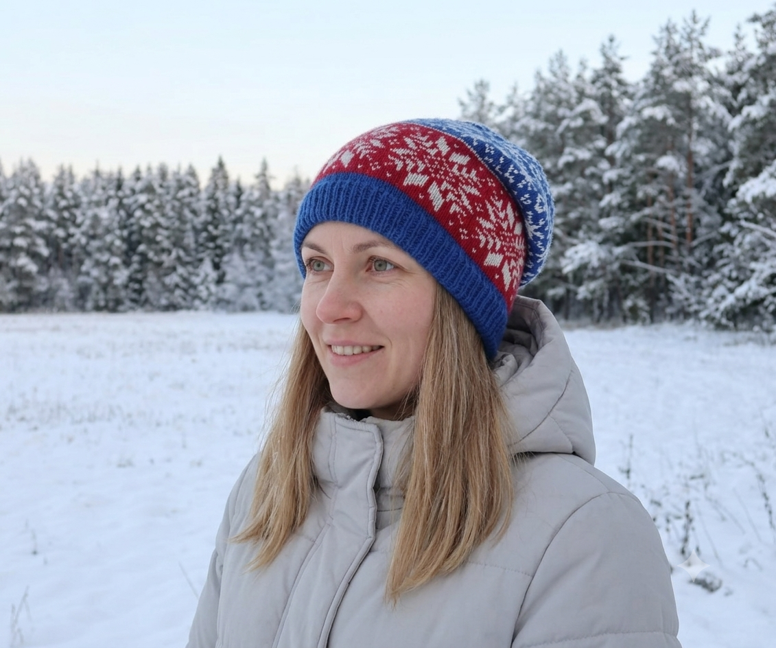 A woman wearing a red and blue knit beanie with a white snowflake pattern, standing outdoors in a snowy landscape with trees in the background.