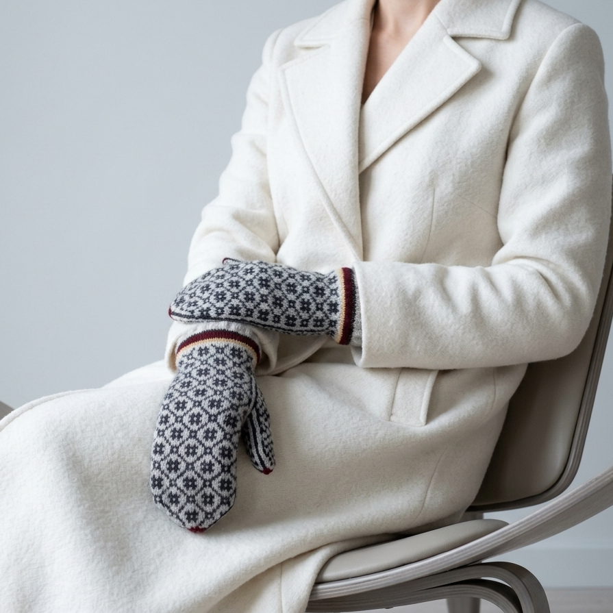 Person wearing a white coat and patterned mittens sitting on a chair against a plain background