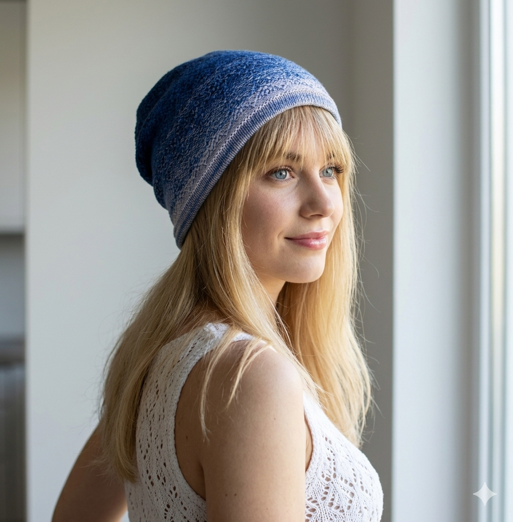 Woman wearing a blue knitted hat indoors