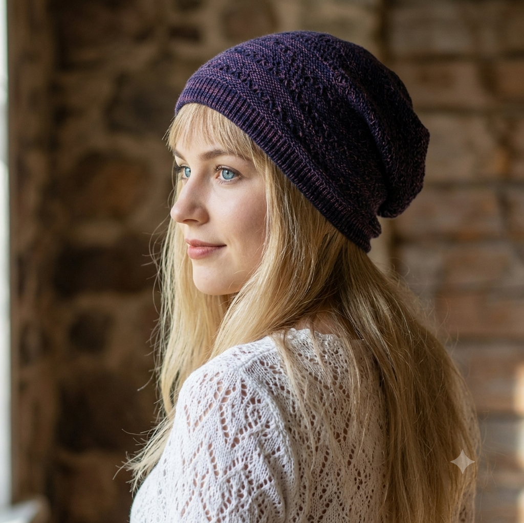 Woman wearing a purple knit beanie and white lace top against a stone wall.