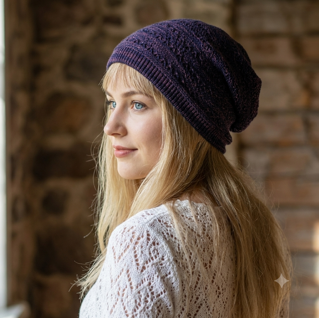 Woman wearing a purple knit beanie and white lace top against a stone wall.