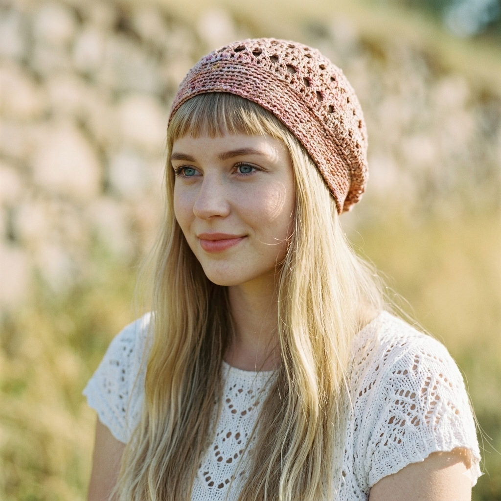 Woman wearing a  knitted hat in an outdoor setting