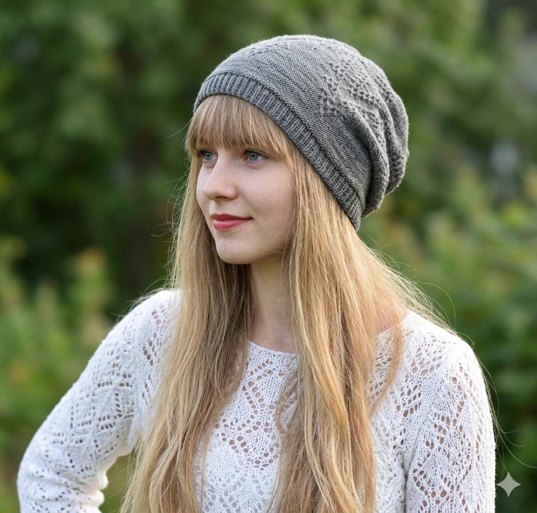 Woman wearing a gray knit beanie and white lace top outdoors