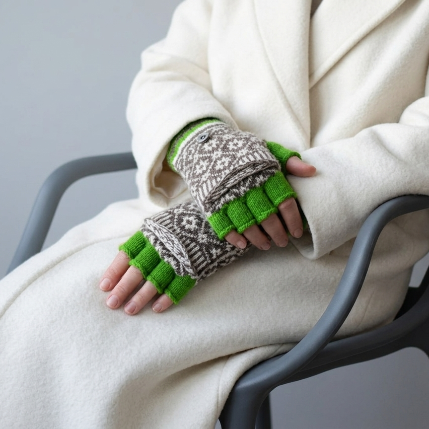 Person wearing green and gray fingerless gloves sitting on a chair against a gray background