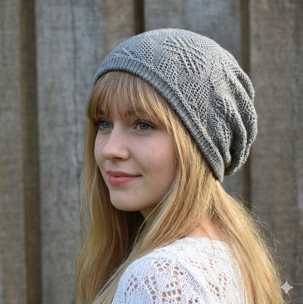 Woman wearing a gray knit beanie against a wooden background