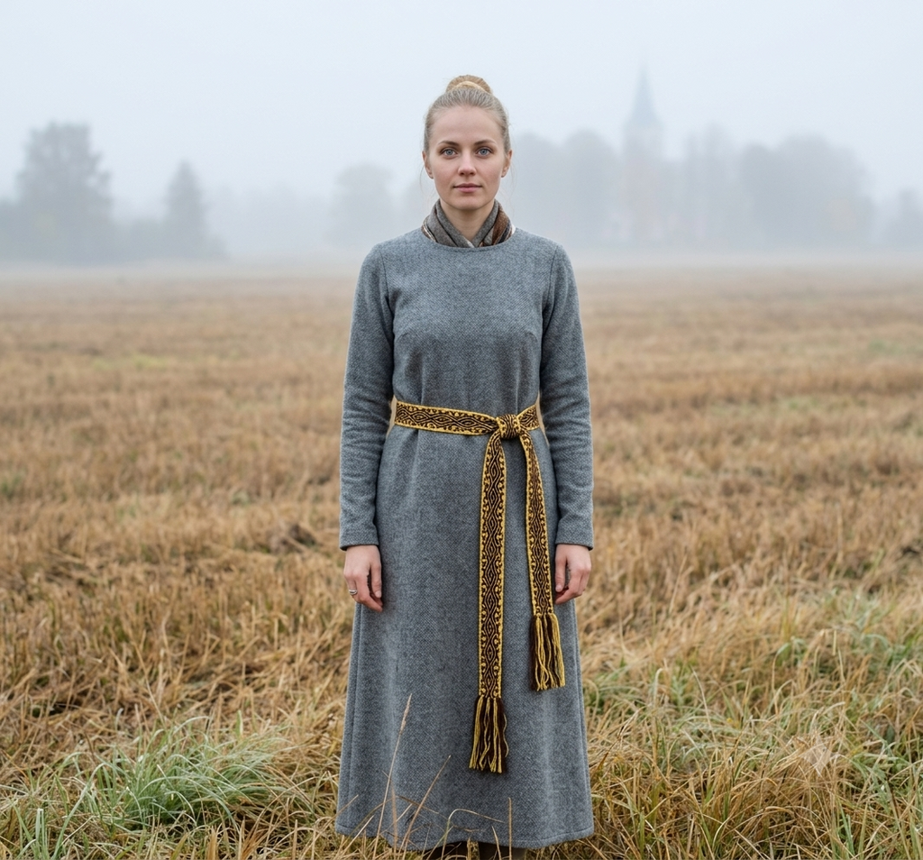 A woman stands in a misty field wearing a long-sleeved gray dress with a brown and gold braided belt tied at the waist.