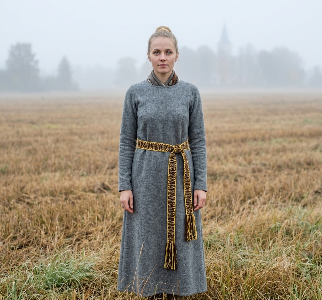 A woman stands in a misty field wearing a long-sleeved gray dress with a brown and gold braided belt tied at the waist.