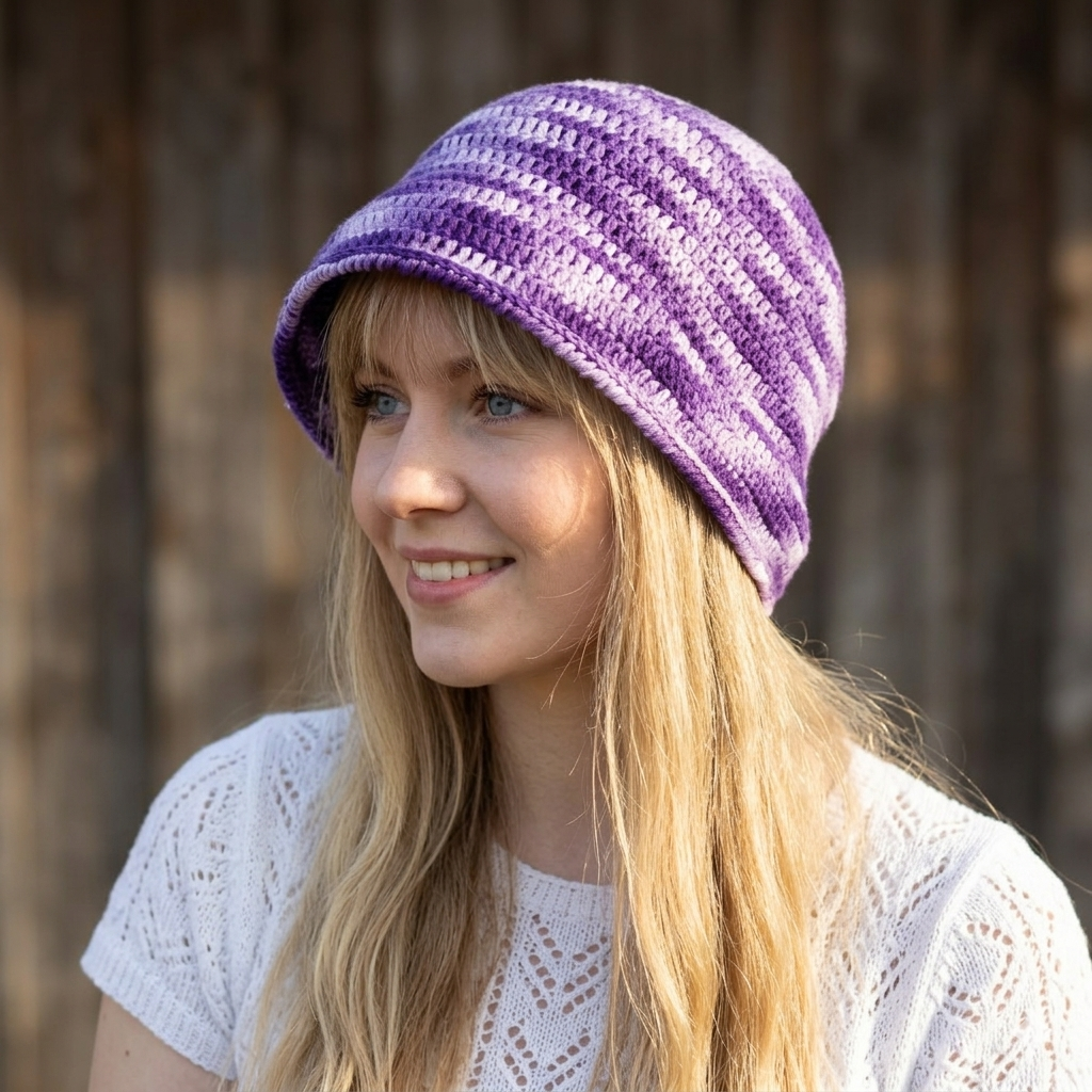 Woman wearing a purple and white striped knit hat against a wooden background