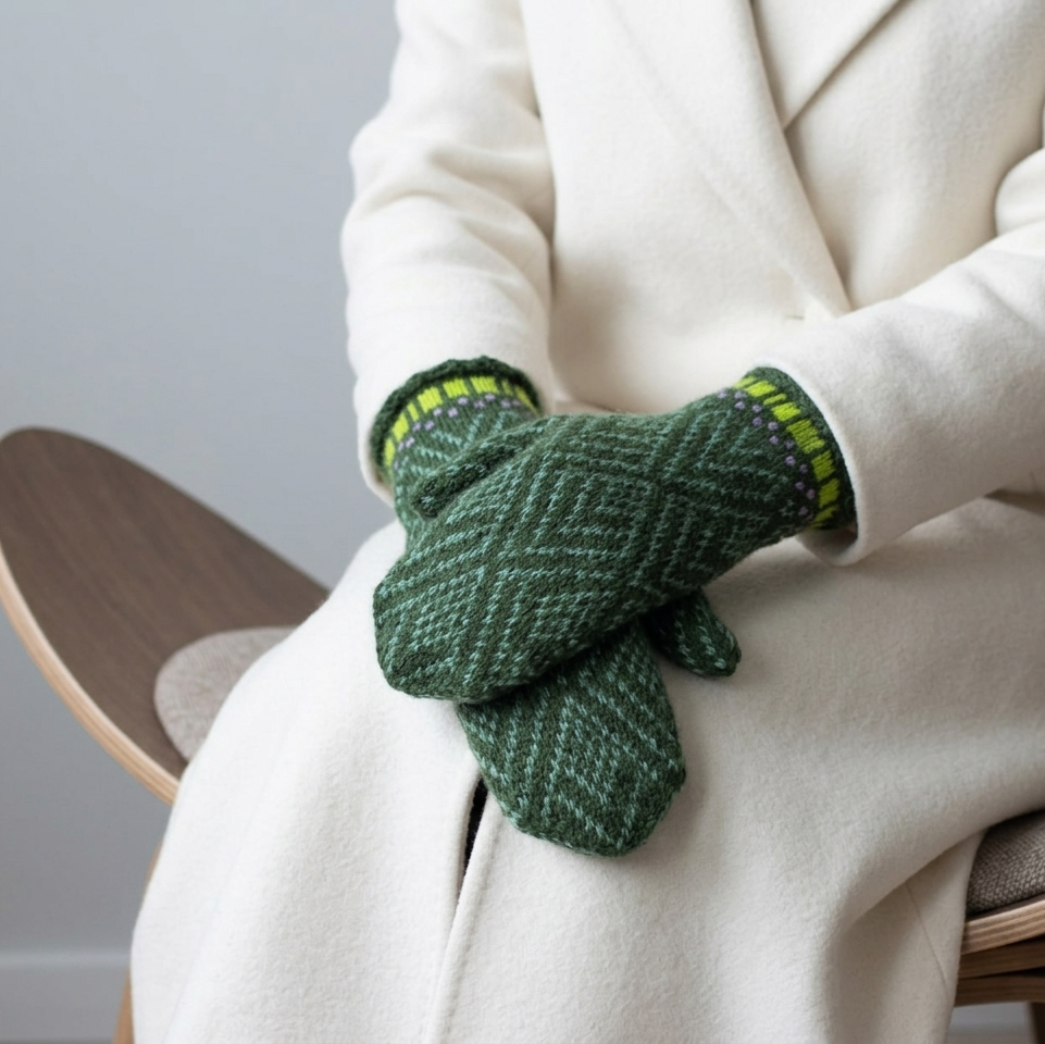 Person wearing green knitted gloves with a white coat and wooden chair in the background