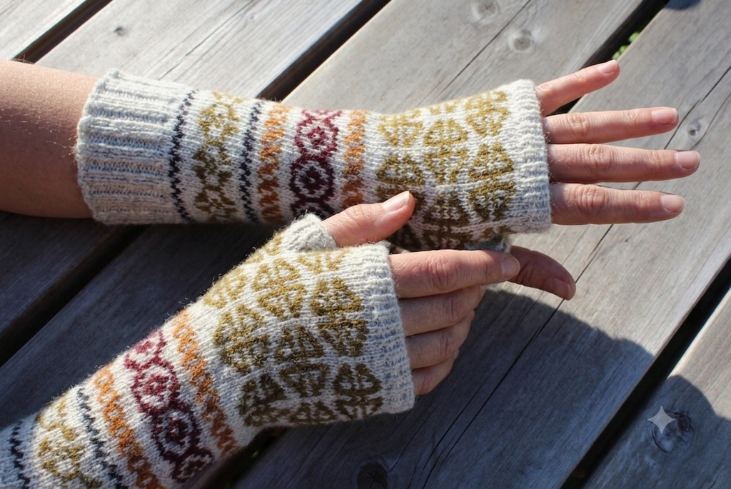 A pair of cream-colored knit fingerless wrist warmers with brown, orange, and burgundy geometric patterns, worn on hands resting on a weathered wooden deck.