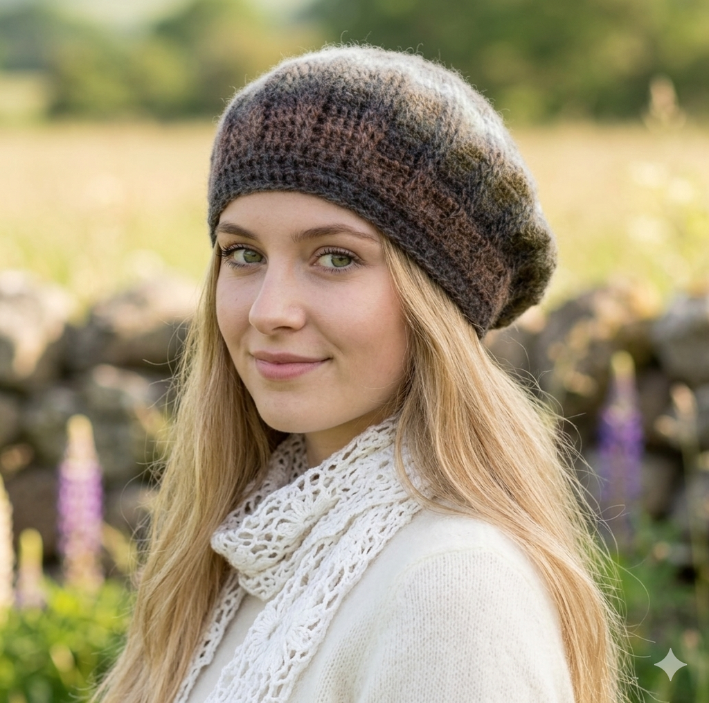 Woman wearing a knitted brown hat and scarf in a natural setting with logs and flowers.