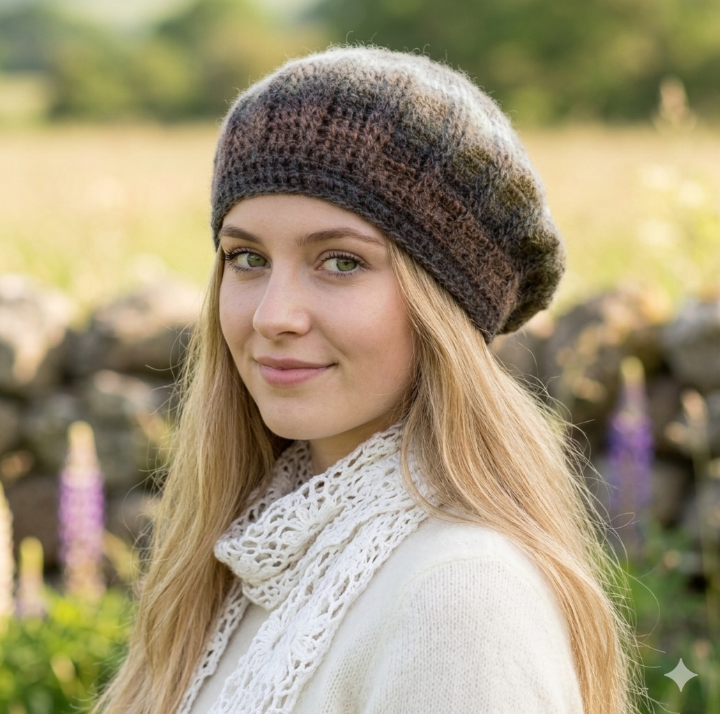 Woman wearing a knitted brown hat and scarf in a natural setting with logs and flowers.