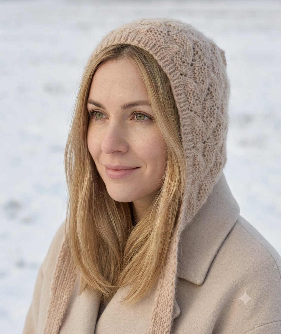 A woman wearing a beige cable-knit bonnet hat with long ties and a matching beige coat, photographed outdoors against a snowy, blurred background.