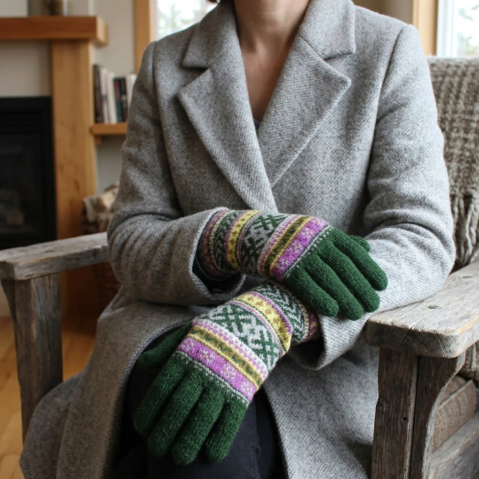 Person wearing a gray coat and green gloves with colorful patterns, sitting on a wooden chair.