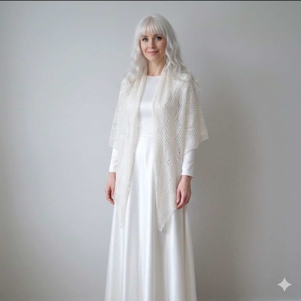 Woman wearing a white dress and lace shawl against a plain background