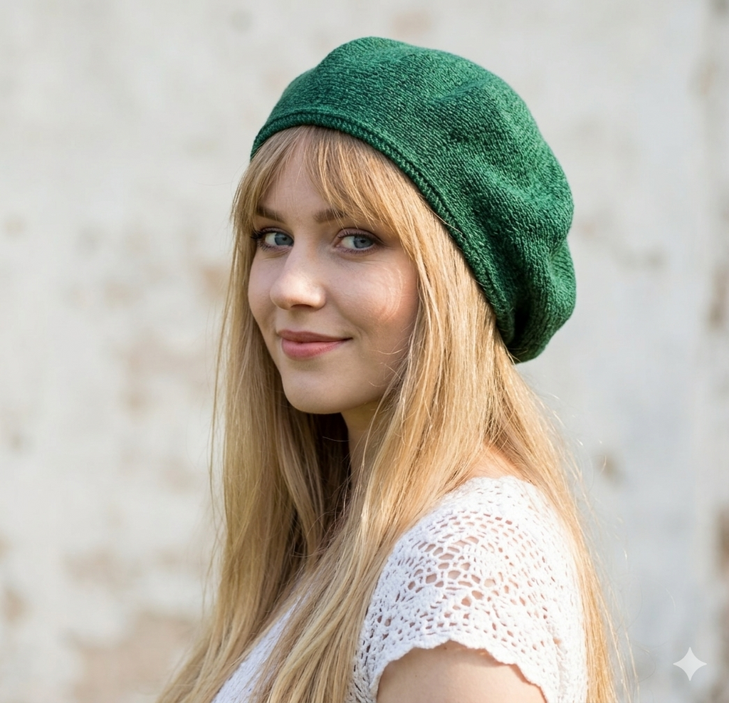 Woman wearing a green knitted hat against a neutral background