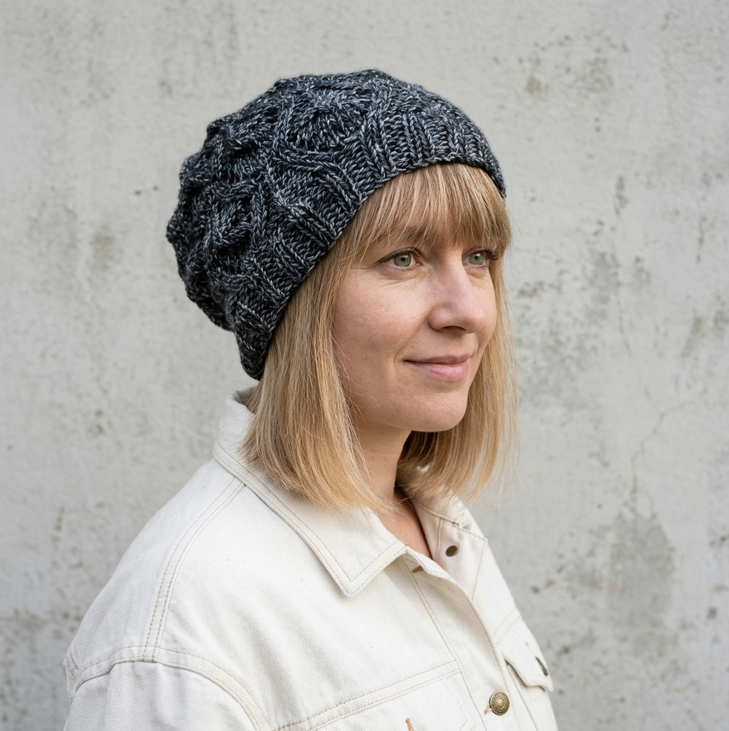 Woman wearing a dark knit beanie against a light gray background
