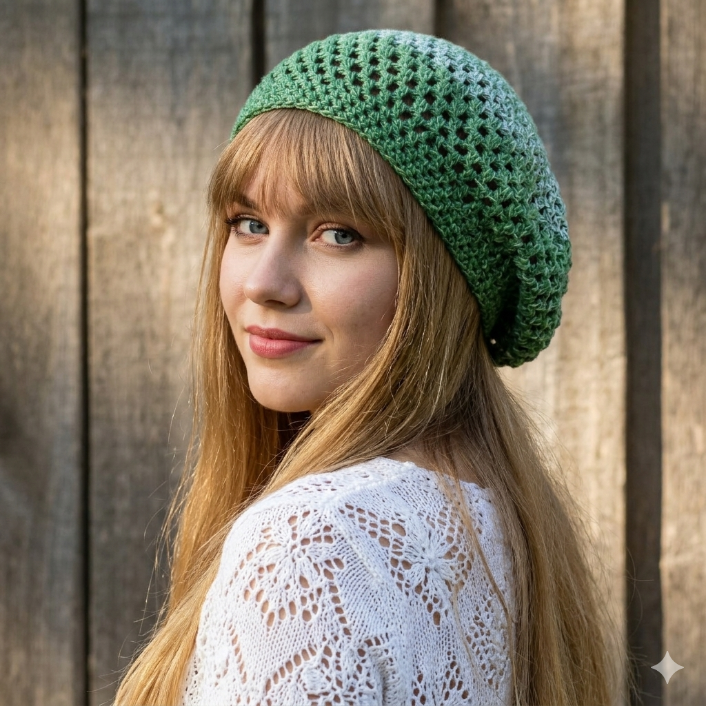 Woman wearing a green knitted hat against a wooden background