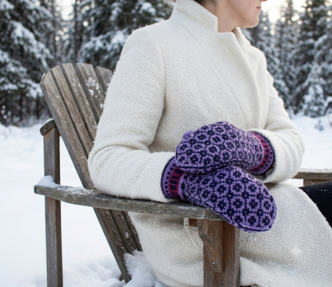 A person sitting in a wooden Adirondack chair outdoors in the snow, wearing a cream cable-knit sweater and purple patterned knit mittens with red trim.