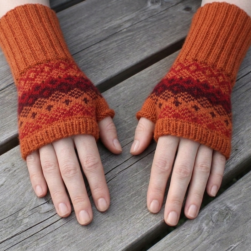 Pair of orange knitted fingerless gloves on a wooden surface
