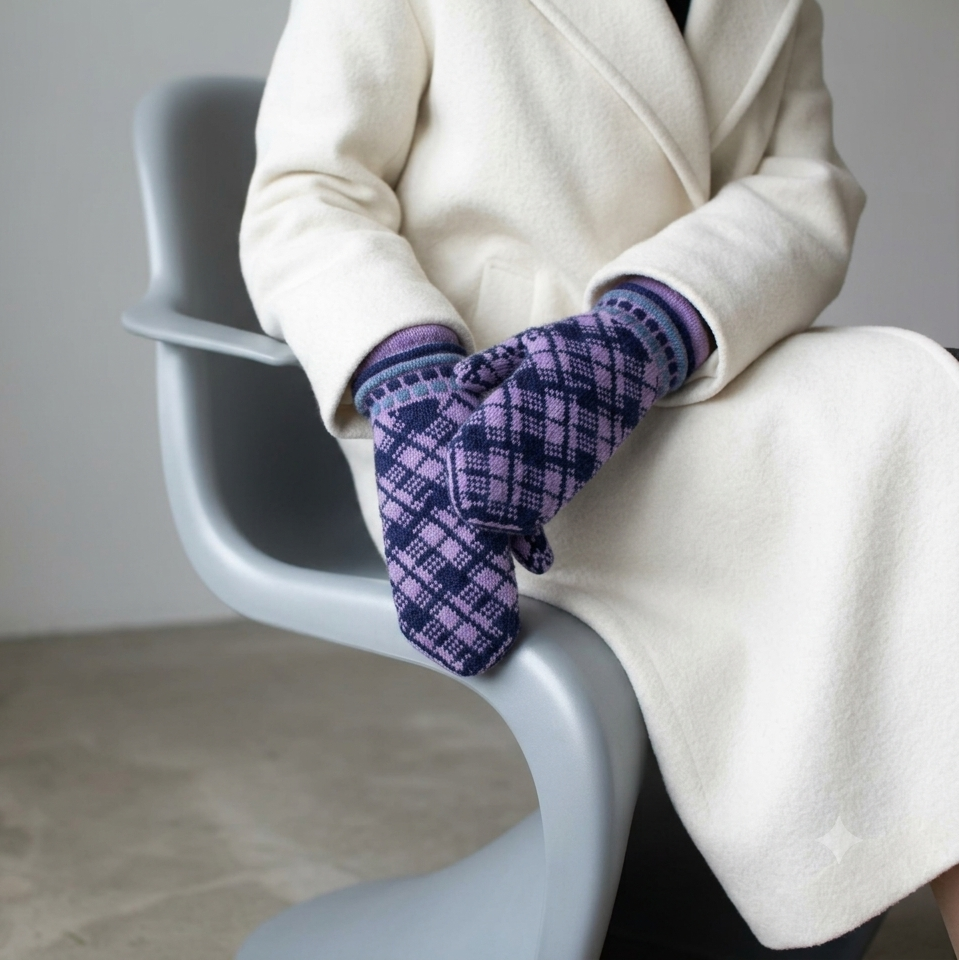 Person wearing a white coat and purple checkered mittens sitting on a gray chair.