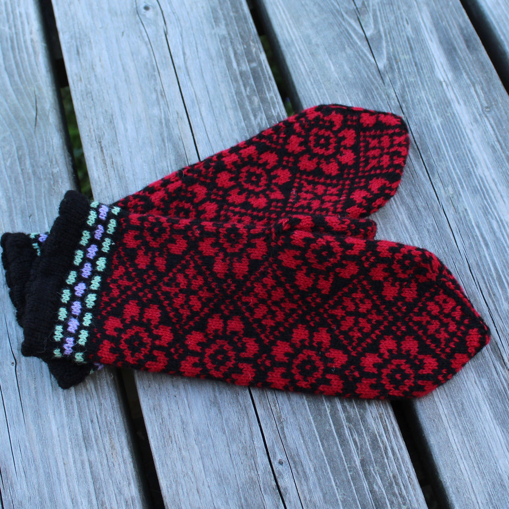 black red wool mittens