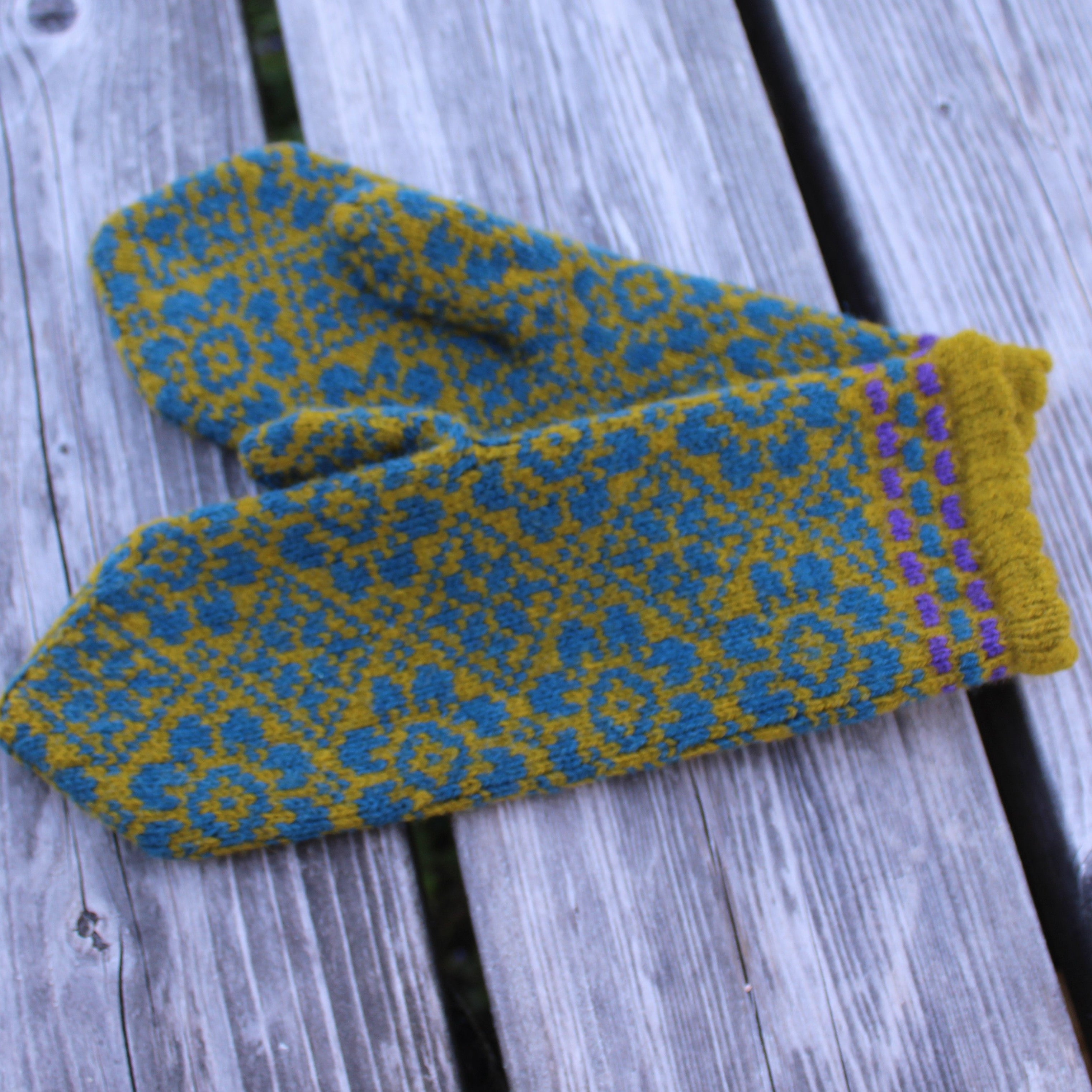 teal khaki wool  patterned mittens