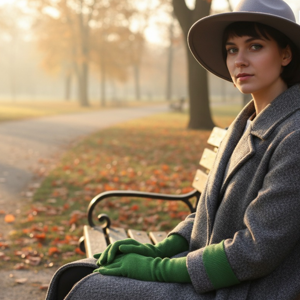 Woman sitting on a bench in a park with autumn leaves and a warm glow.