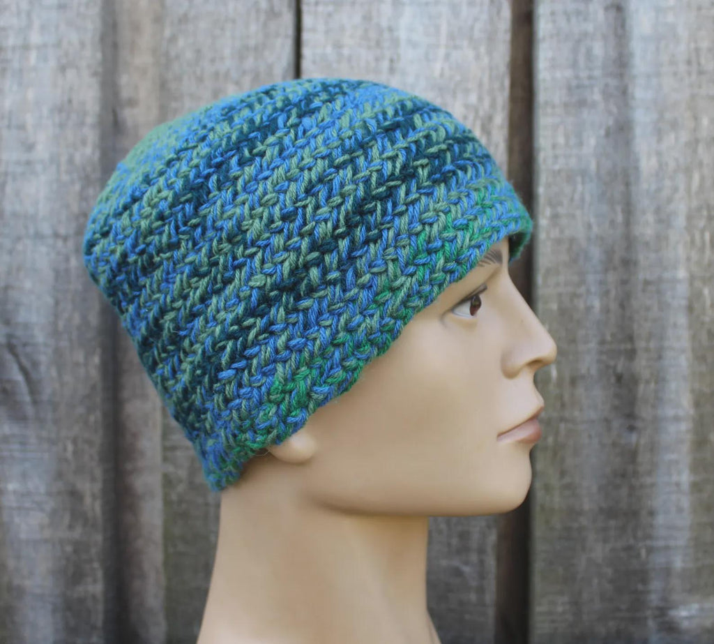 Authentic Naalbinding Wool Beanie | Ancient Viking-Age Technique | Green, Blue & Gra