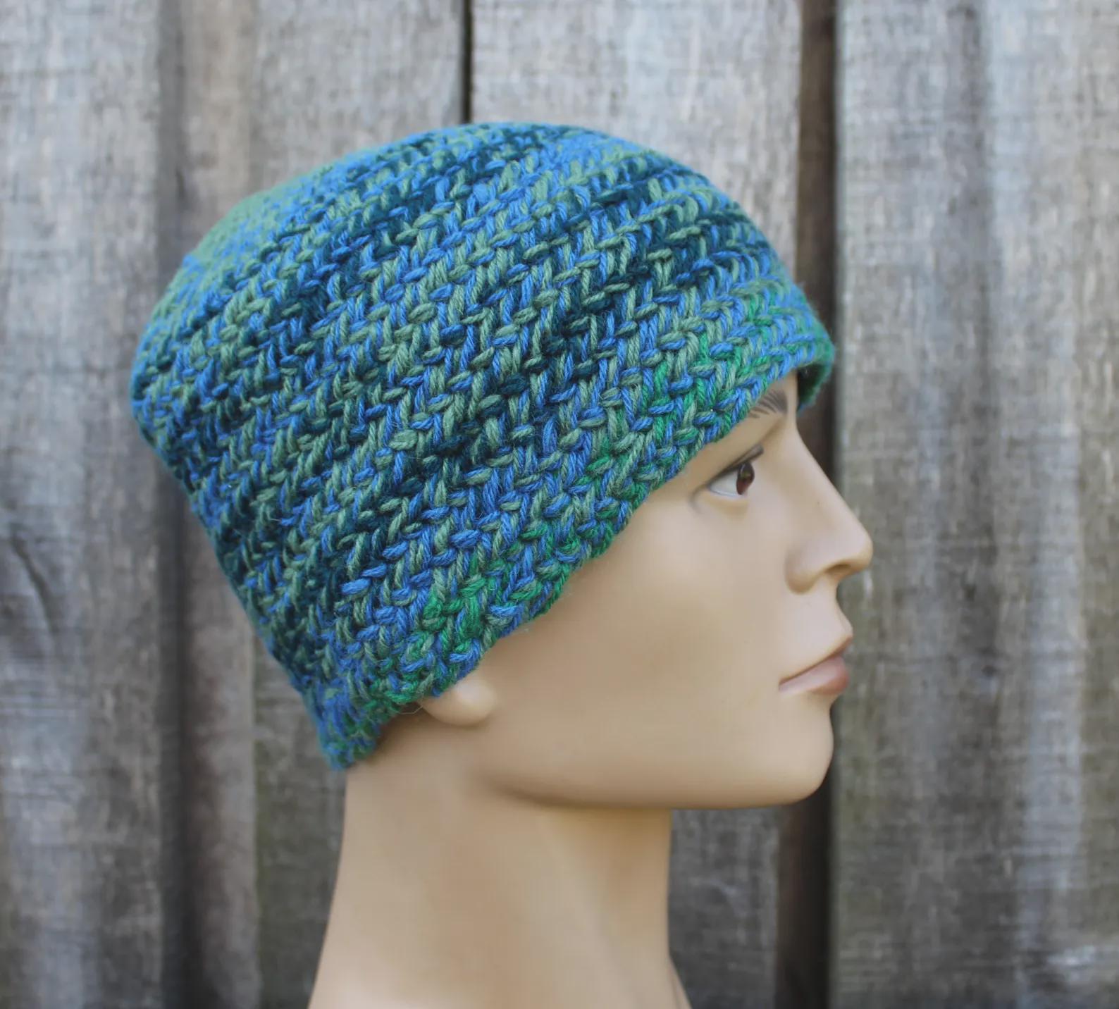 Authentic Naalbinding Wool Beanie | Ancient Viking-Age Technique | Green, Blue & Gra