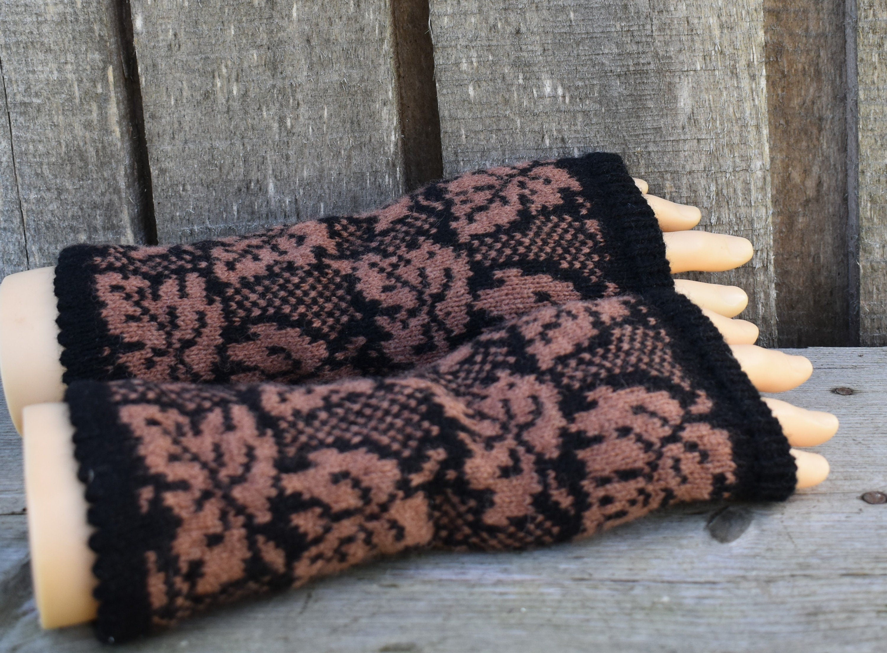 knitted women Latvian arm warmers, handmade wool fingerless gloves, size M/L half mittens