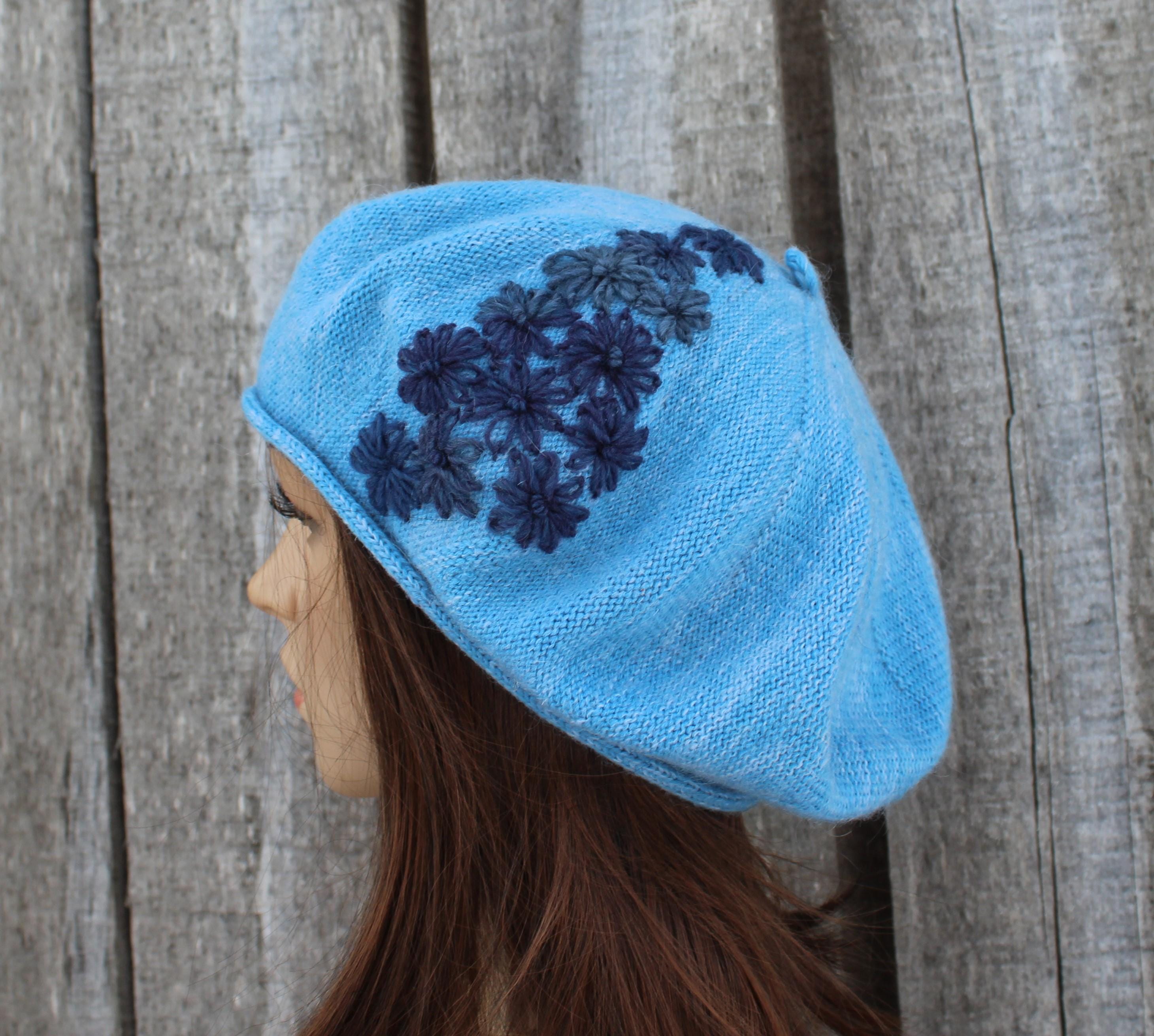 Sky Blue Embroidered Merino Blend Beret | Artisan Hand-Knitted Autumn Hat