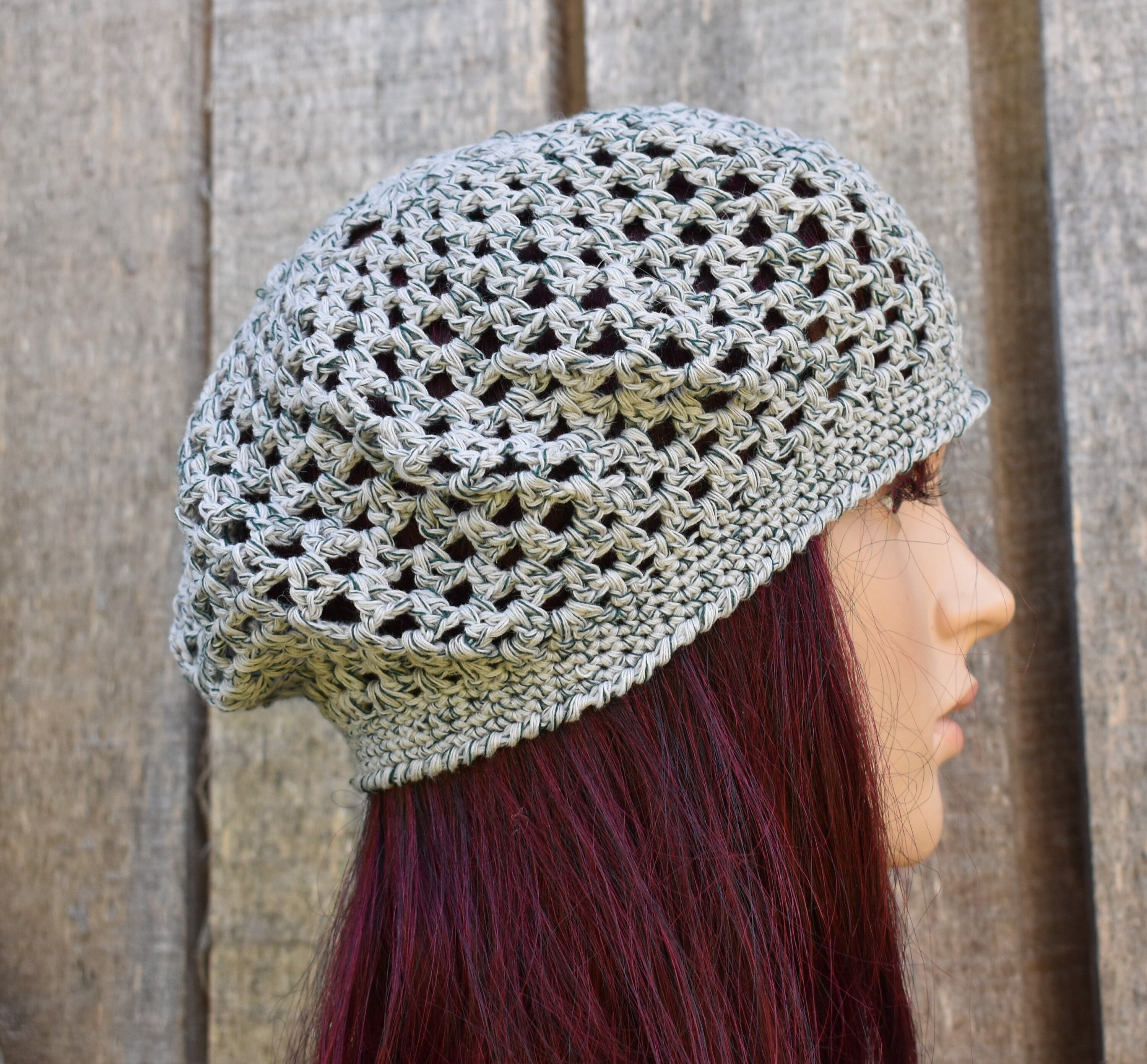 Crocheted gray green cotton summer beret, handmade lace French beret for women