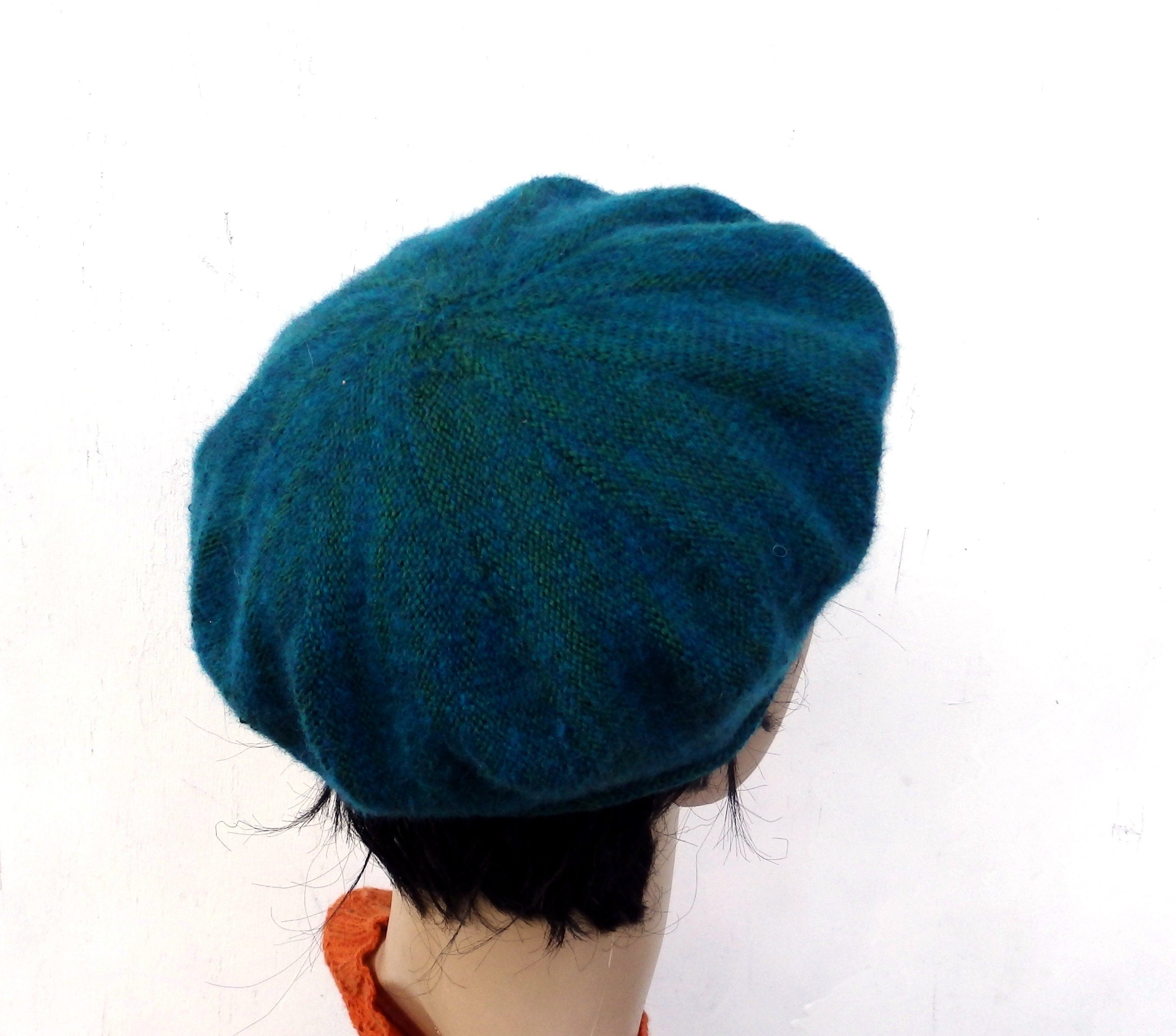 knitted wool mohair female green beret, women teal beret hat