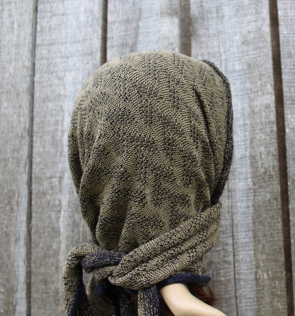 knitted head kerchief, cotton khaki blue head wrap, colorful triangle shawl