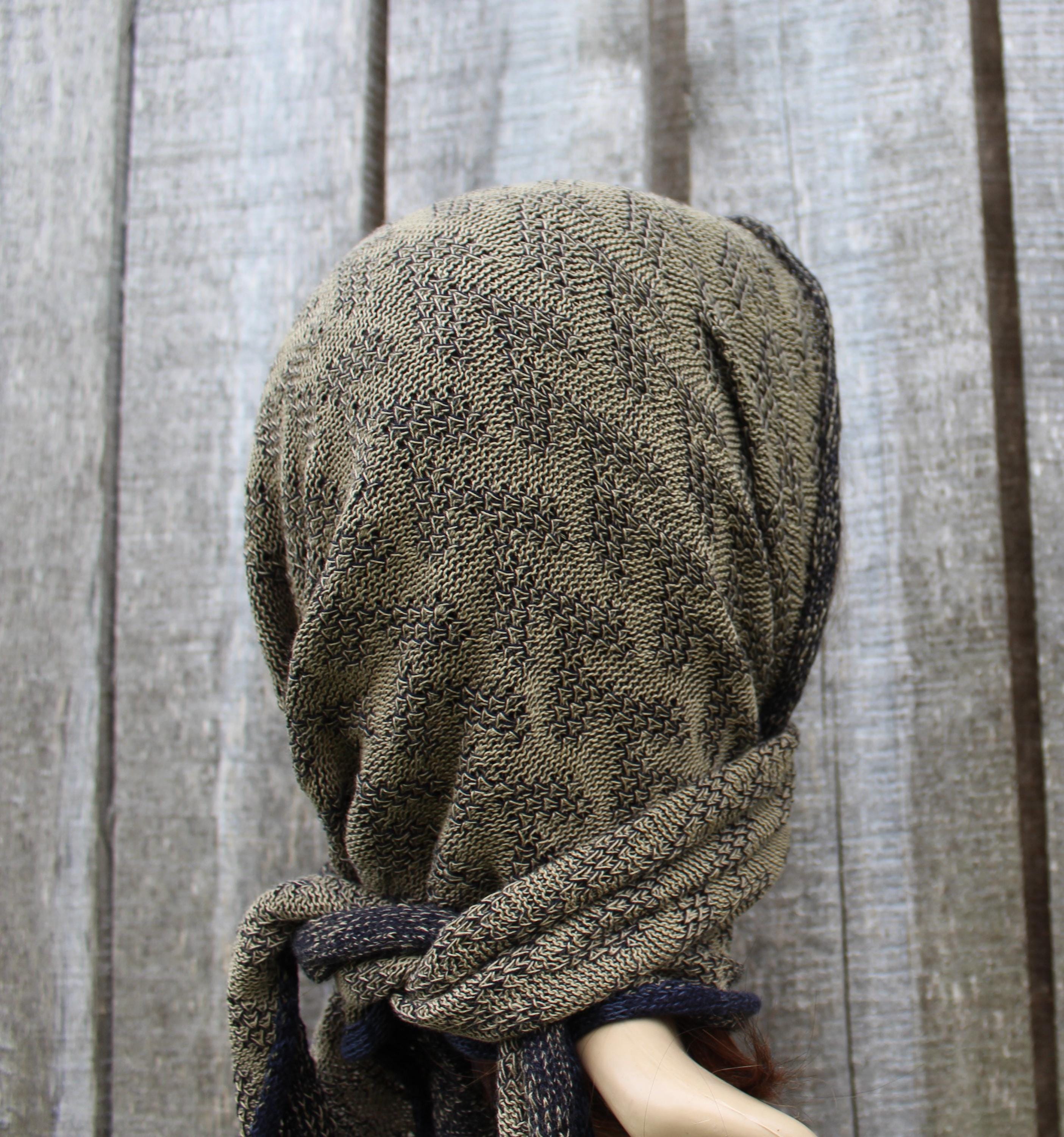knitted head kerchief, cotton khaki blue head wrap, colorful triangle shawl