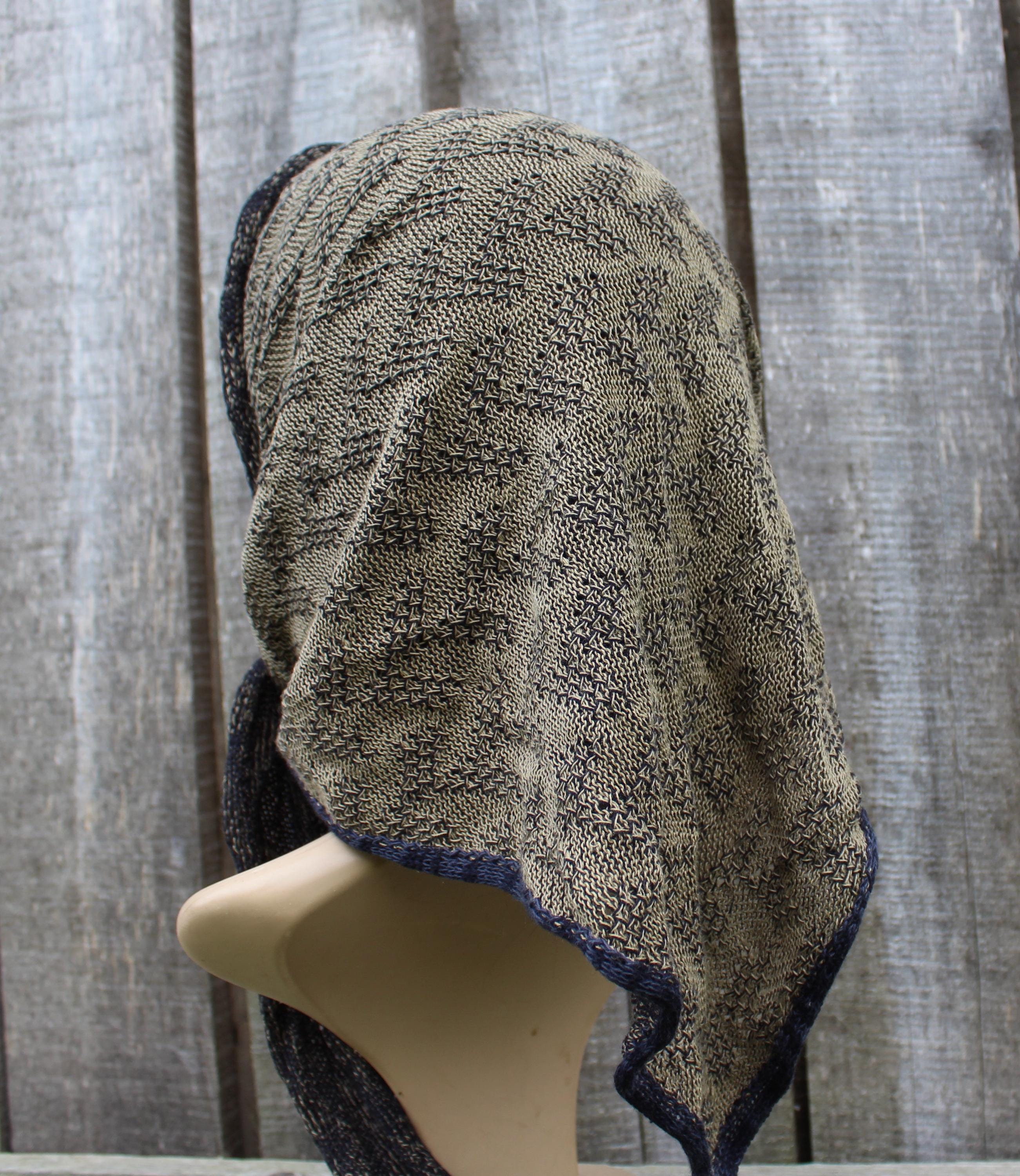 knitted head kerchief, cotton khaki blue head wrap, colorful triangle shawl