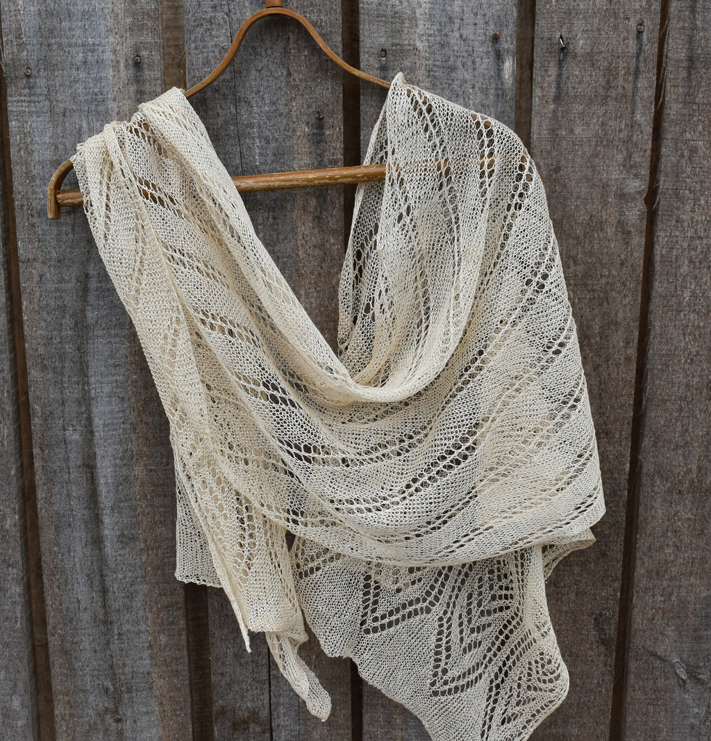 Beige Knit Lace Linen Scarf: Fishnet Flax Shawl