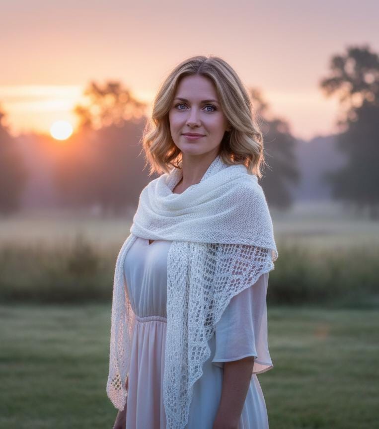 Woman wearing a white shawl in a field with a sunset in the background
