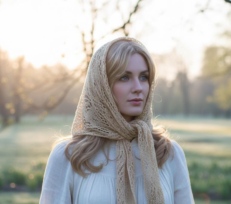 Woman wearing a beige knitted headscarf in a natural setting