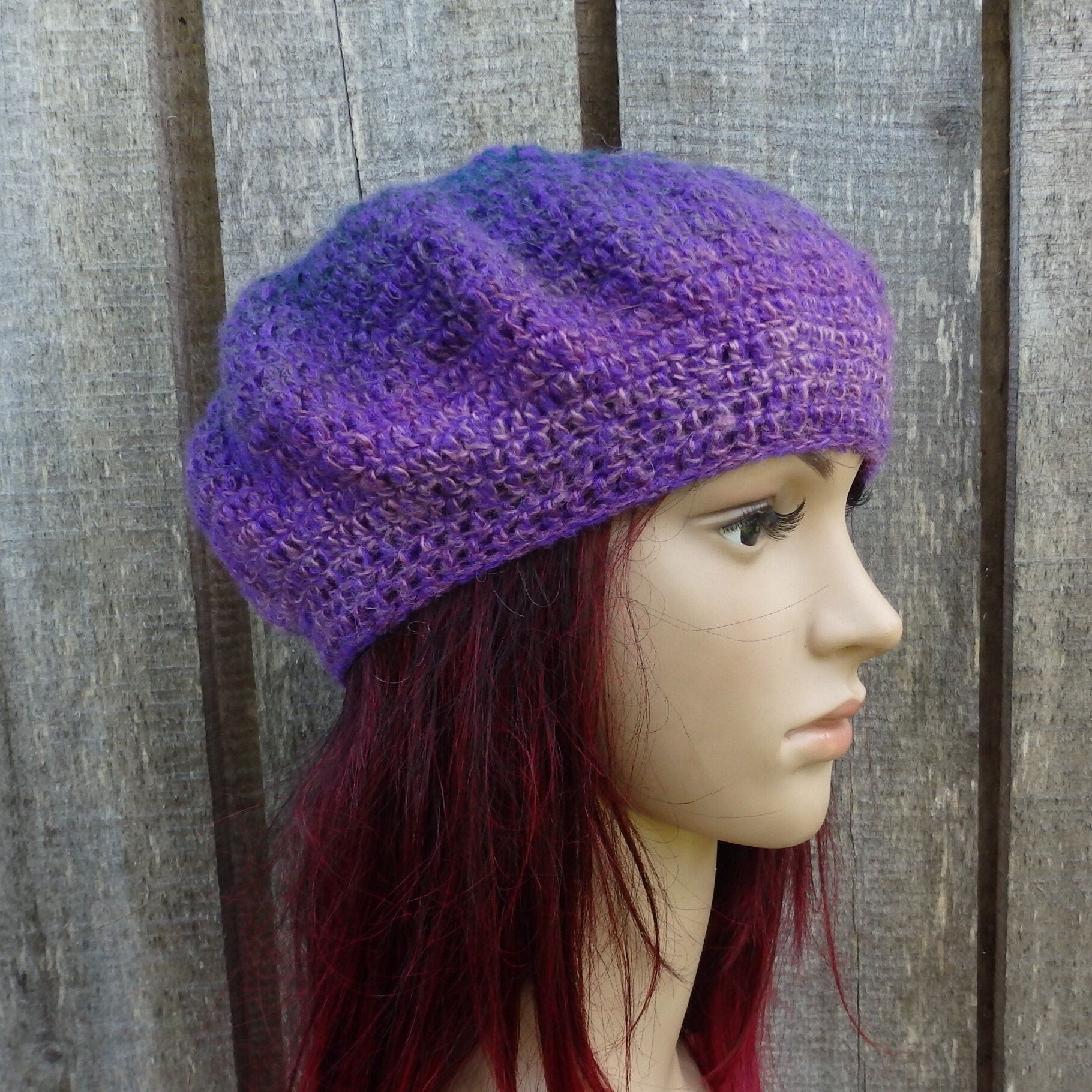 Hand crocheted Colorful Purple plain Beret with crochet flower