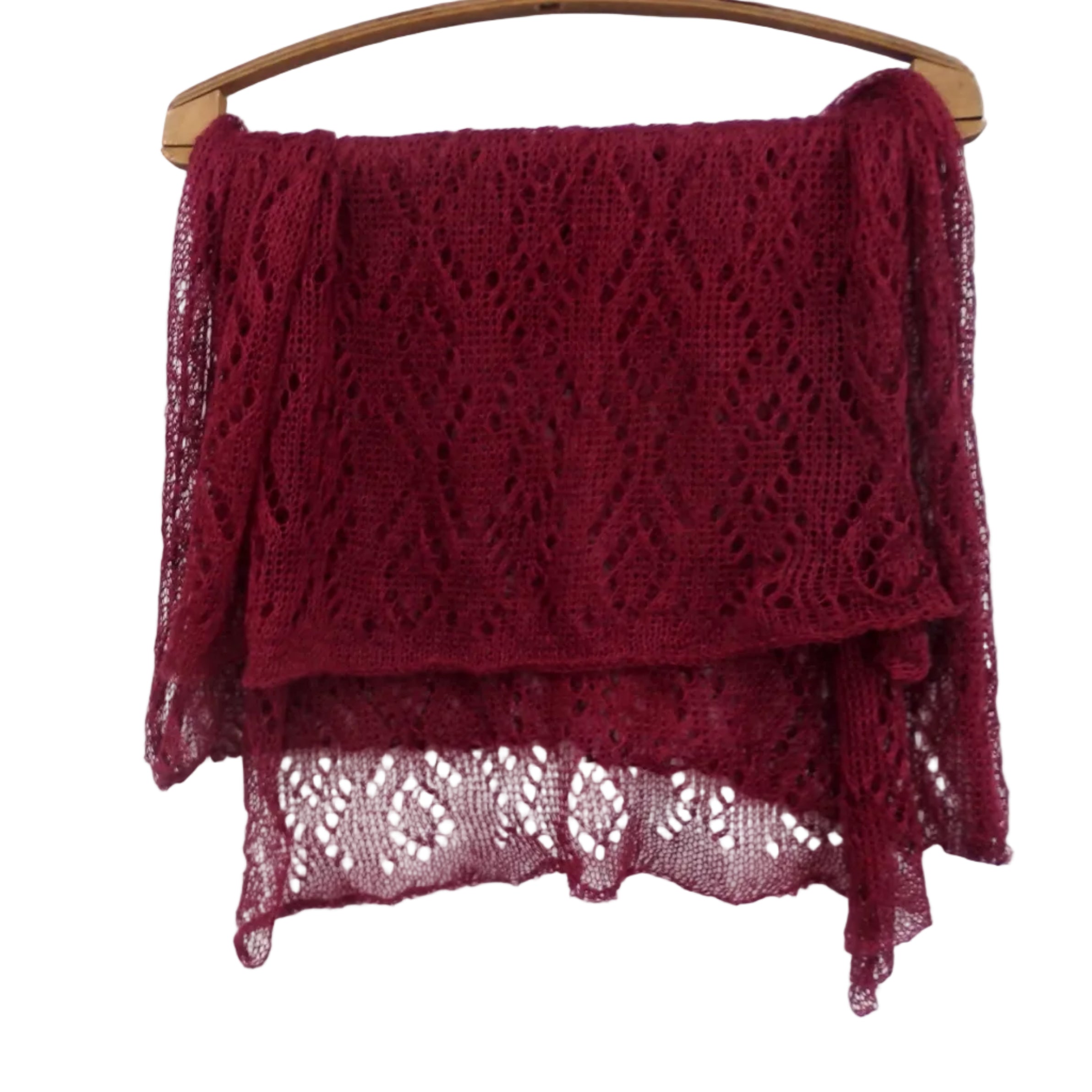 Red lace scarf on a wooden hanger against a white background