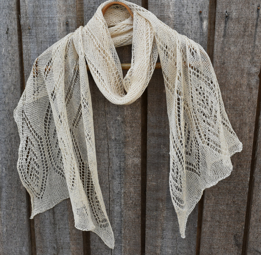Beige Knit Lace Linen Scarf: Fishnet Flax Shawl