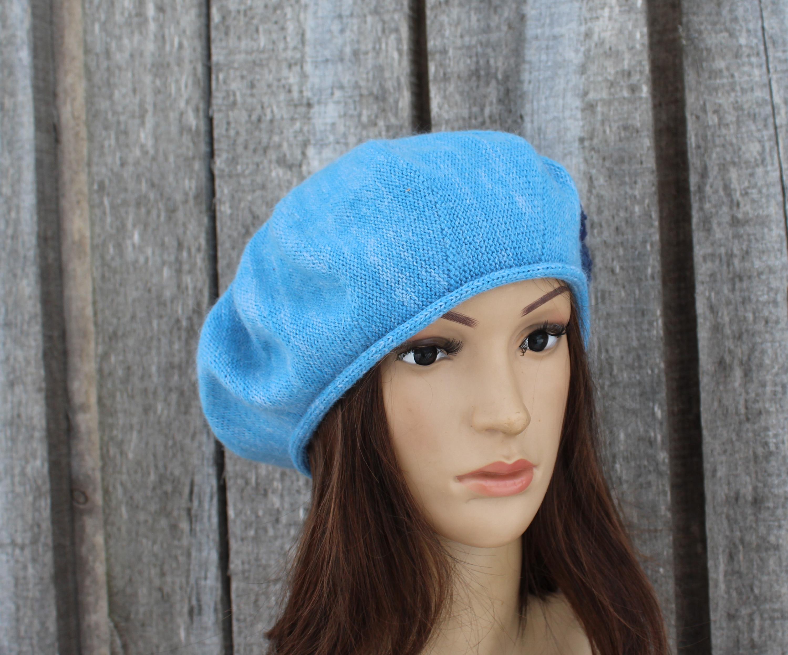 Sky Blue Embroidered Merino Blend Beret | Artisan Hand-Knitted Autumn Hat