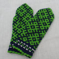 Green and blue patterned mitten on a light gray background